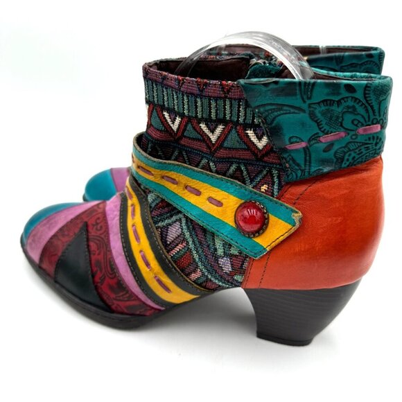 SOCOFY Boho Spliced Leather/Fabric Side Zip Ankle Boots Women 39 / 9 vibrant col - Picture 3 of 16